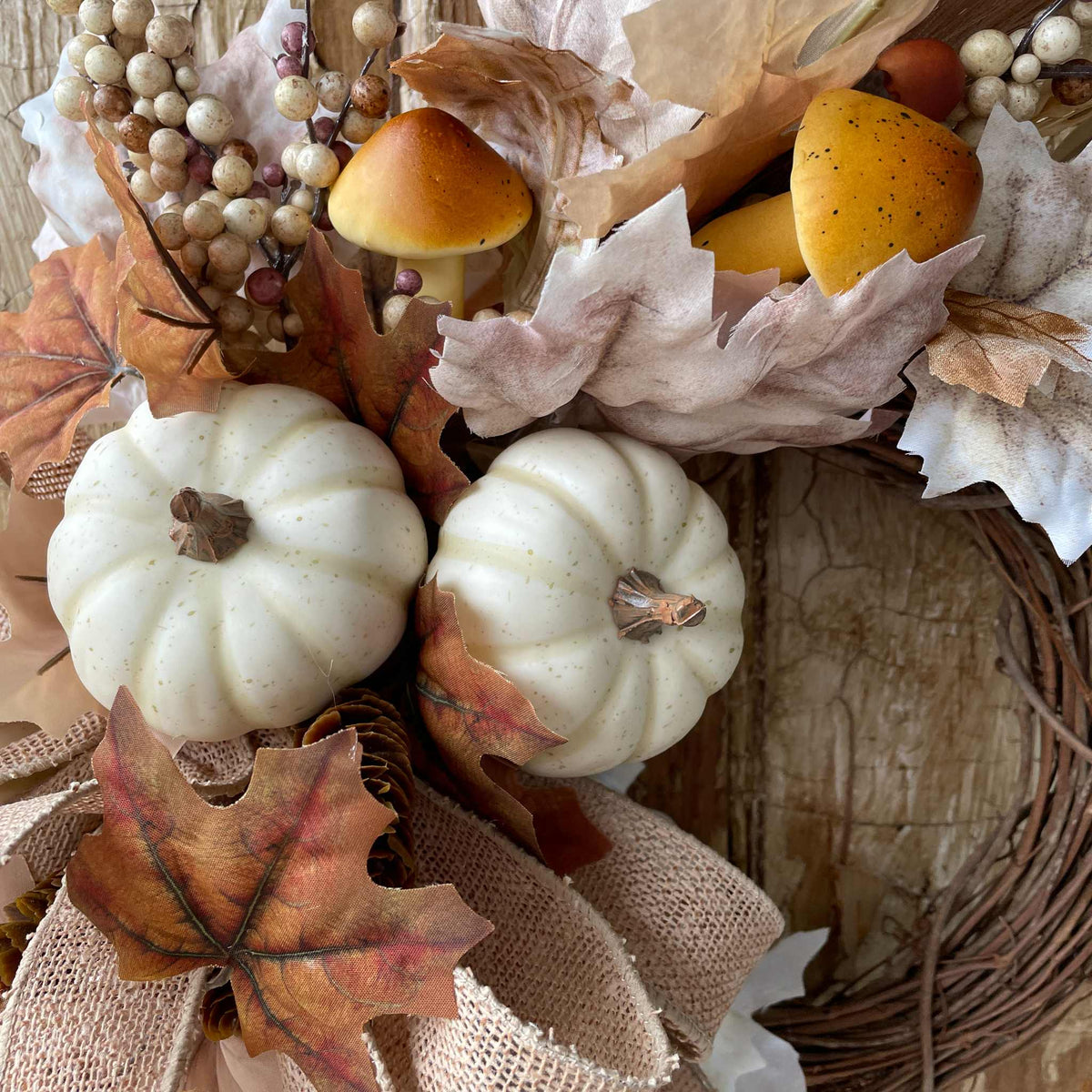 Fall Wreath with Wheat, Cream Pumpkins & Burlap Bow for Front Door