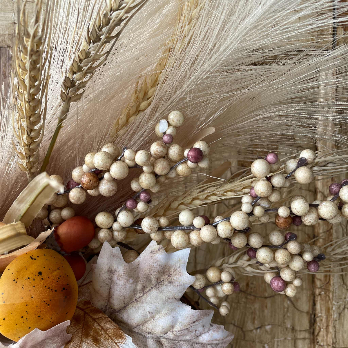 Fall Wreath with Wheat, Cream Pumpkins & Burlap Bow for Front Door