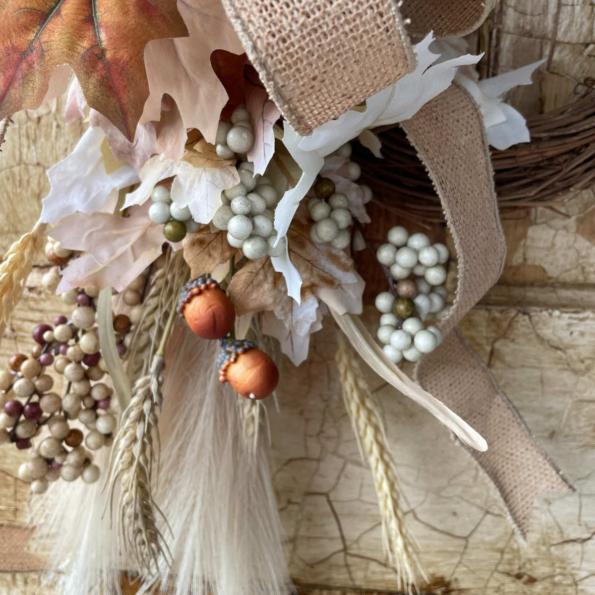Fall Wreath with Wheat, Cream Pumpkins & Burlap Bow for Front Door