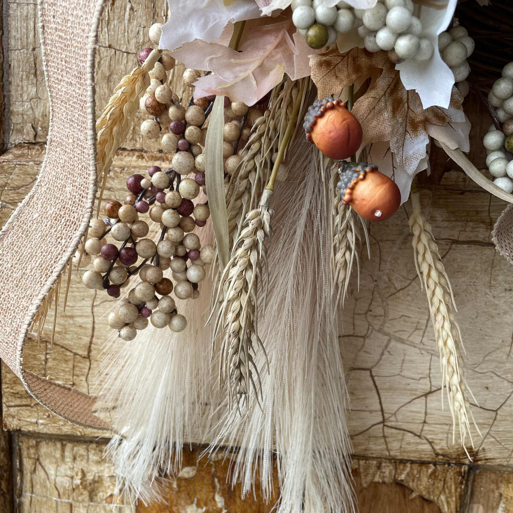 Fall Wreath with Wheat, Cream Pumpkins & Burlap Bow for Front Door