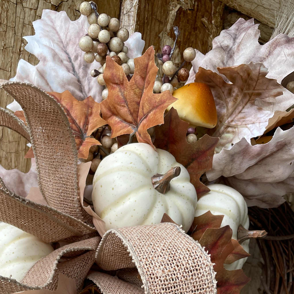 Fall Wreath with Wheat, Cream Pumpkins & Burlap Bow for Front Door