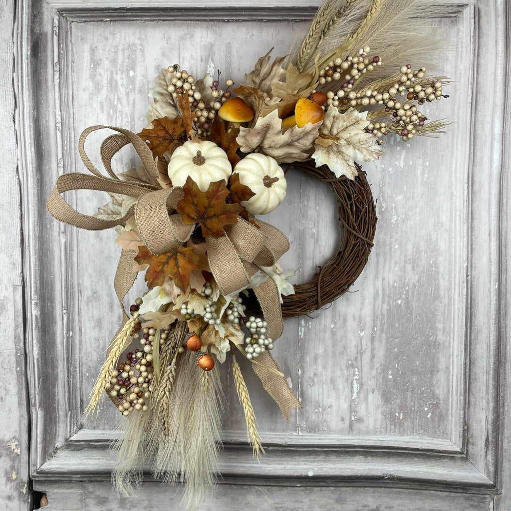 Fall Wreath with Wheat, Cream Pumpkins & Burlap Bow for Front Door