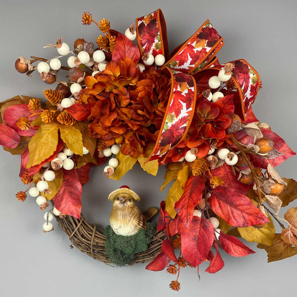 Fall Door Wreath with Mushroom Hat Bird | Orange Hydrangea & Leaves
