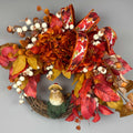 Fall Door Wreath with Mushroom Hat Bird | Orange Hydrangea & Leaves