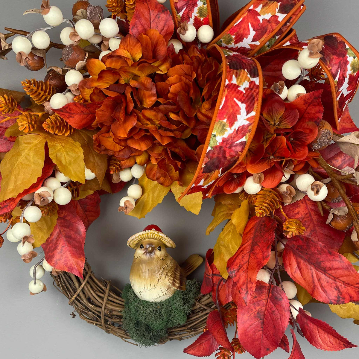 Fall Door Wreath with Mushroom Hat Bird | Orange Hydrangea & Leaves