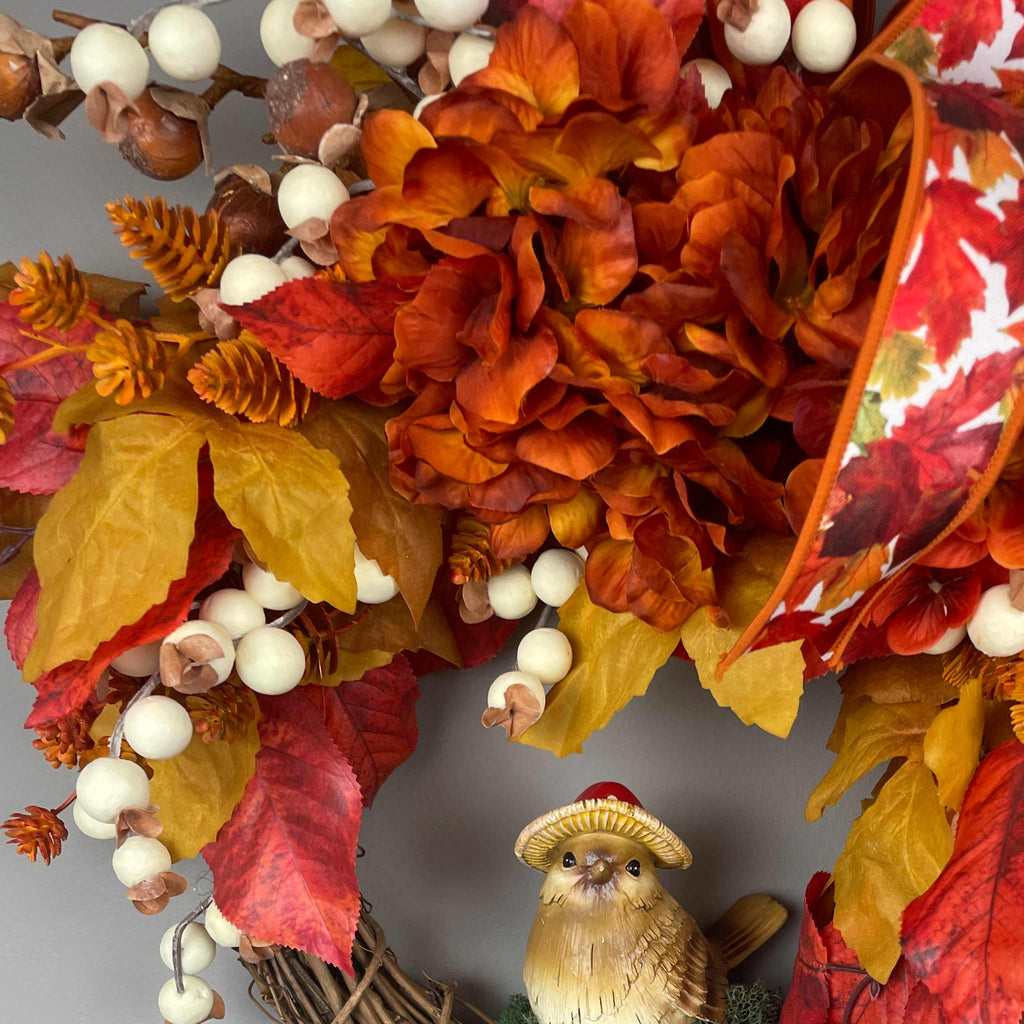 Fall Door Wreath with Mushroom Hat Bird | Orange Hydrangea & Leaves