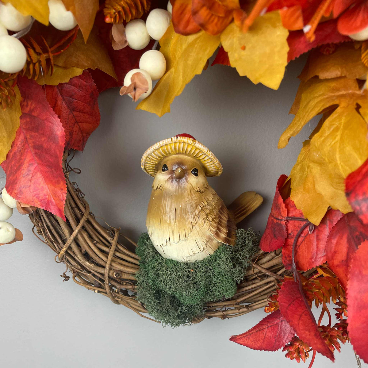 Fall Door Wreath with Mushroom Hat Bird | Orange Hydrangea & Leaves
