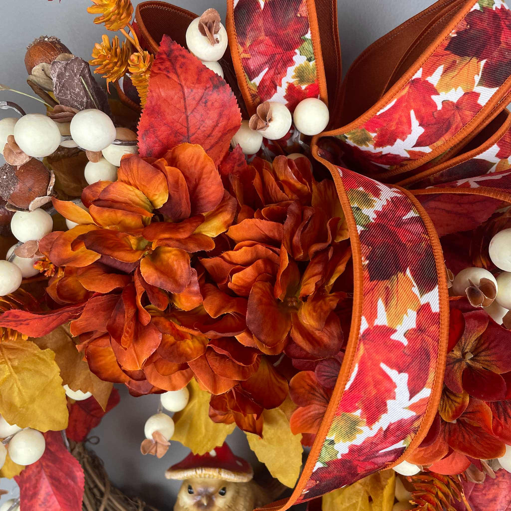 Fall Door Wreath with Mushroom Hat Bird | Orange Hydrangea & Leaves
