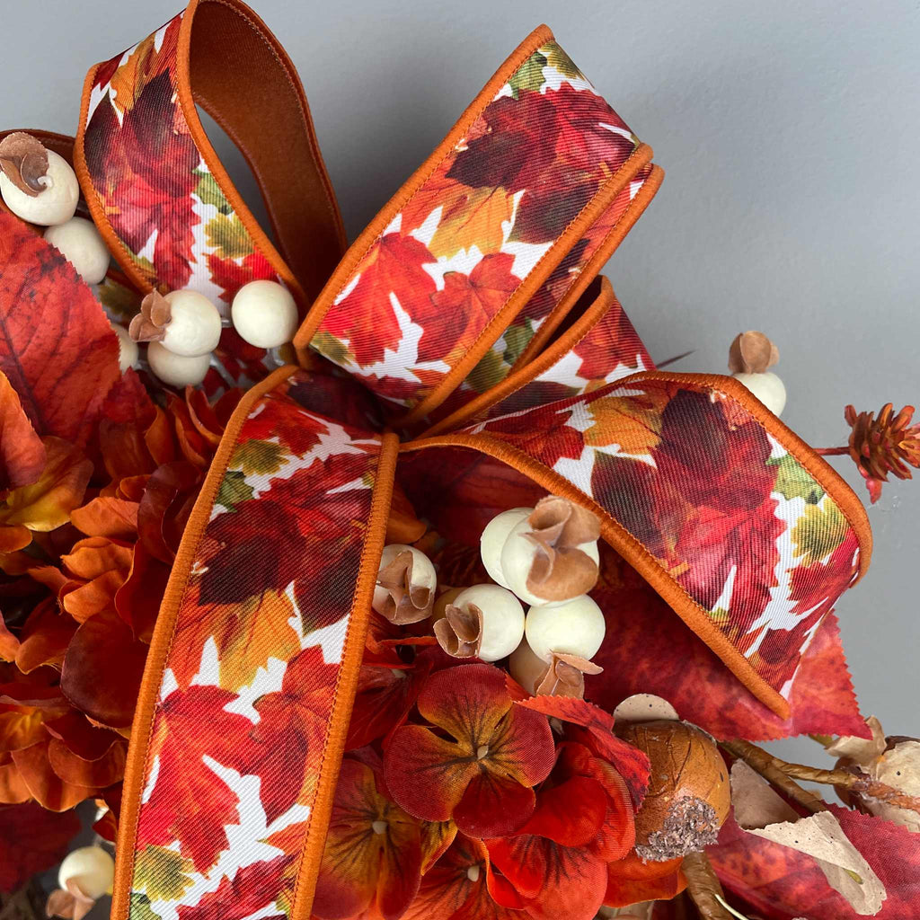 Fall Door Wreath with Mushroom Hat Bird | Orange Hydrangea & Leaves