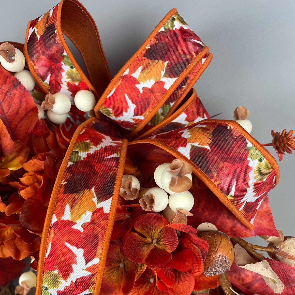 Fall Door Wreath with Mushroom Hat Bird | Orange Hydrangea & Leaves