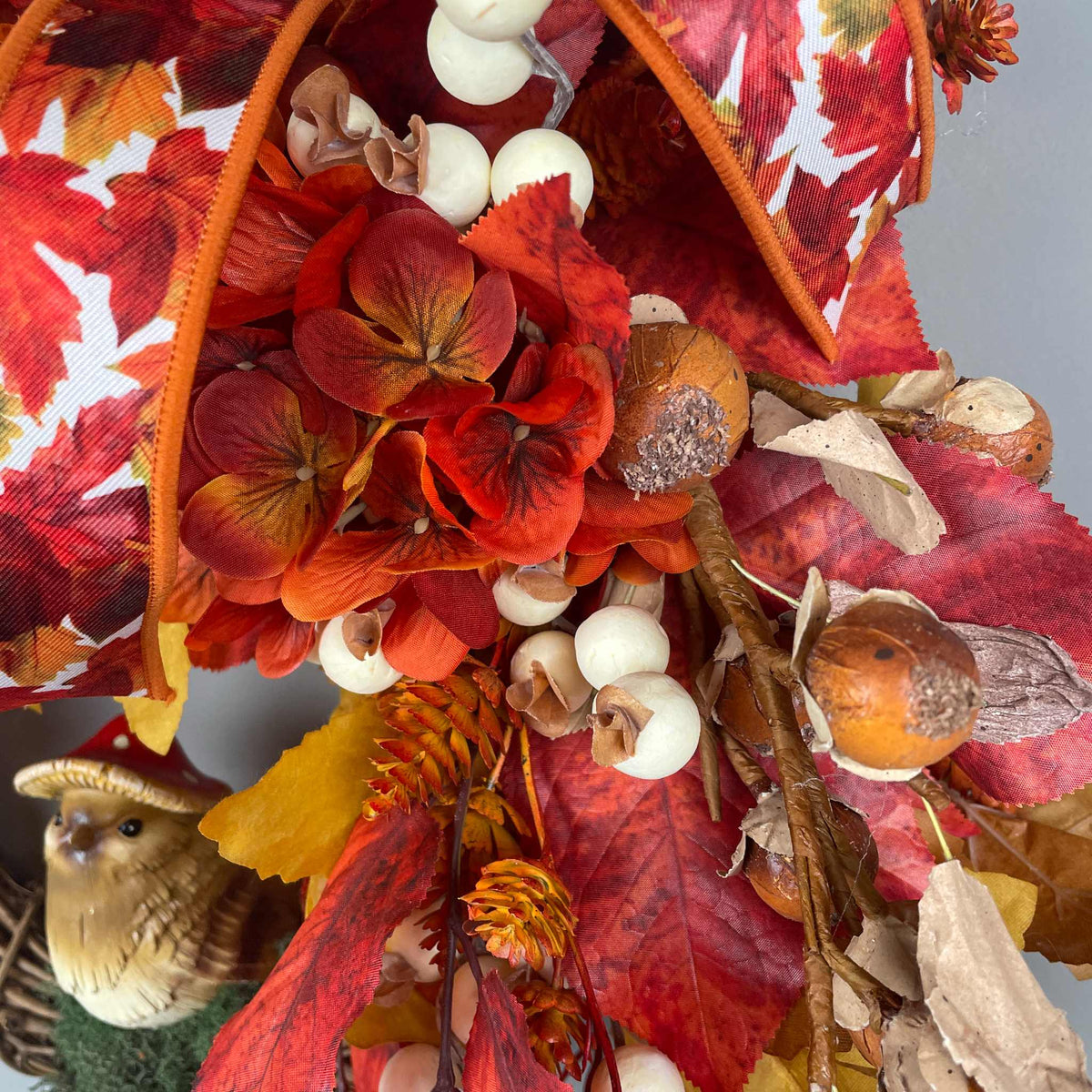 Fall Door Wreath with Mushroom Hat Bird | Orange Hydrangea & Leaves