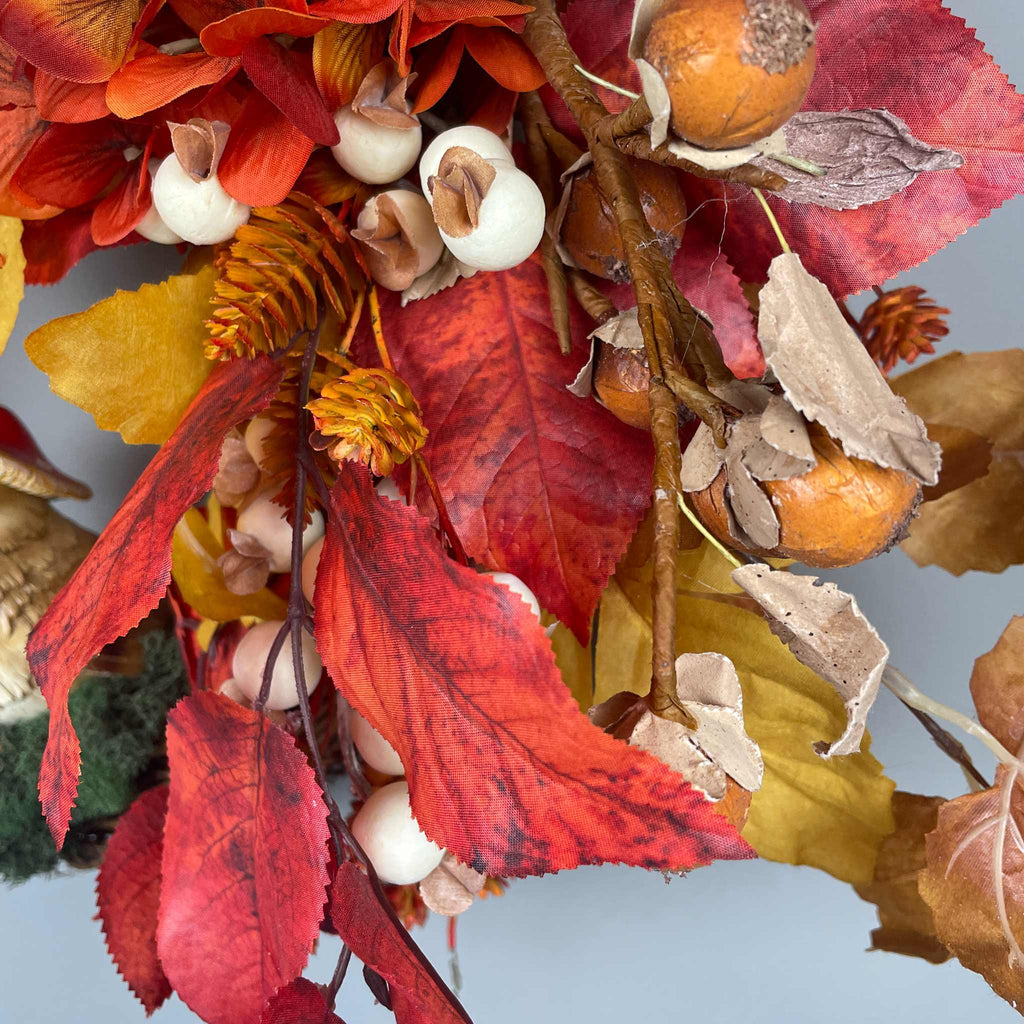 Fall Door Wreath with Mushroom Hat Bird | Orange Hydrangea & Leaves