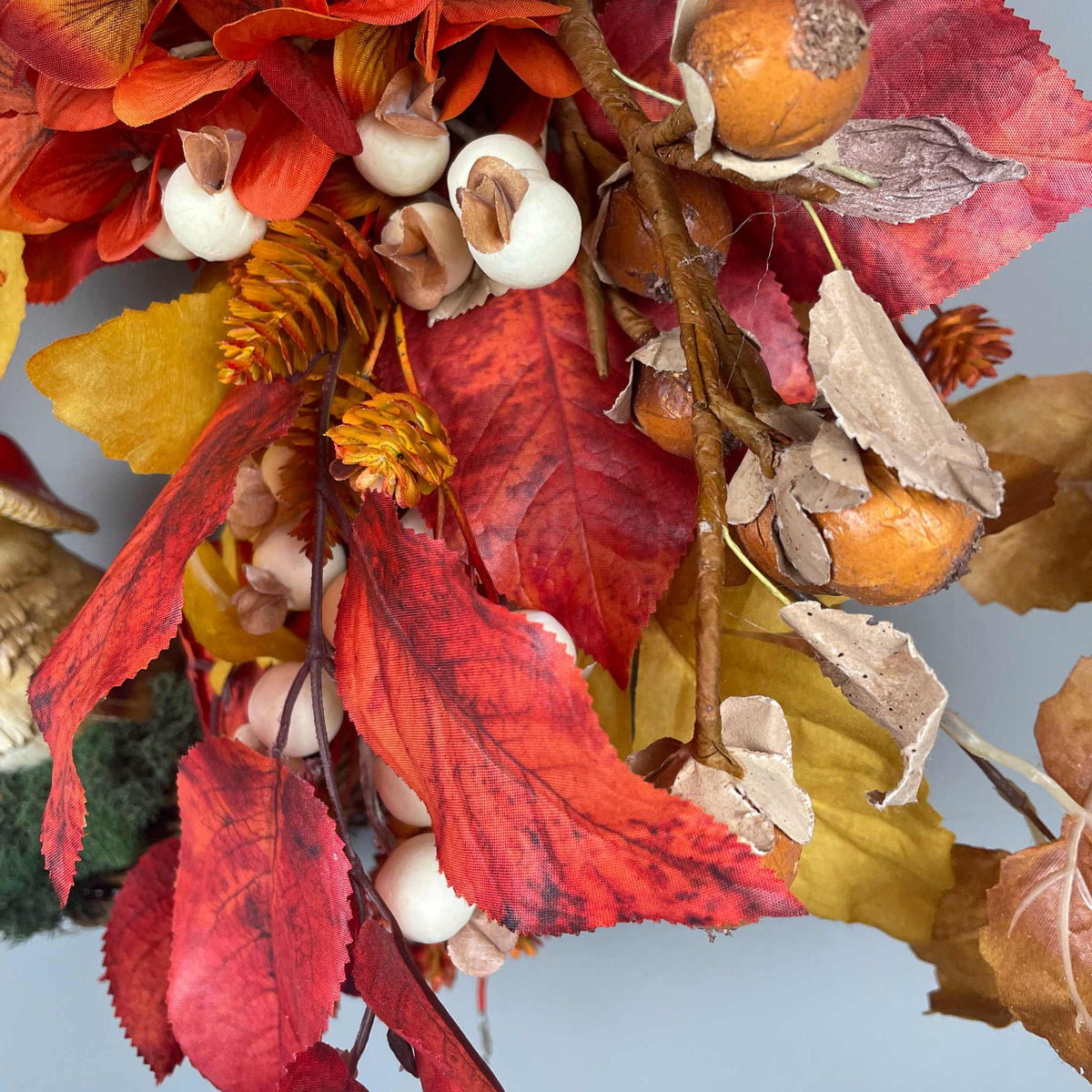 Fall Door Wreath with Mushroom Hat Bird | Orange Hydrangea & Leaves