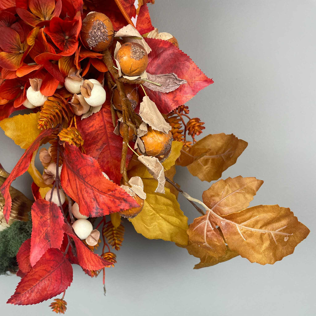 Fall Door Wreath with Mushroom Hat Bird | Orange Hydrangea & Leaves