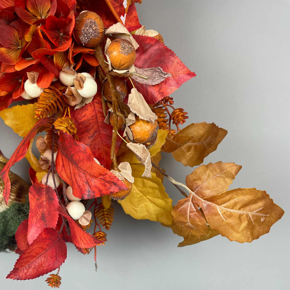 Fall Door Wreath with Mushroom Hat Bird | Orange Hydrangea & Leaves