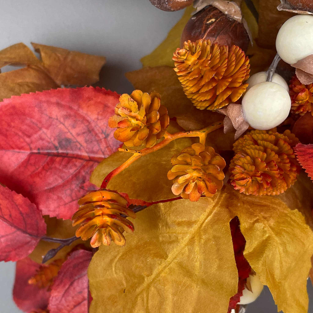 Fall Door Wreath with Mushroom Hat Bird | Orange Hydrangea & Leaves