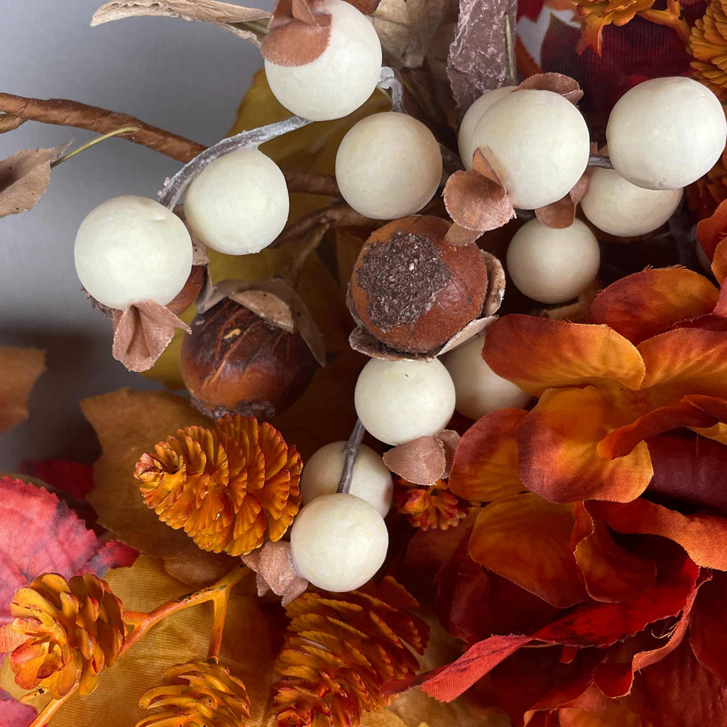 Fall Door Wreath with Mushroom Hat Bird | Orange Hydrangea & Leaves