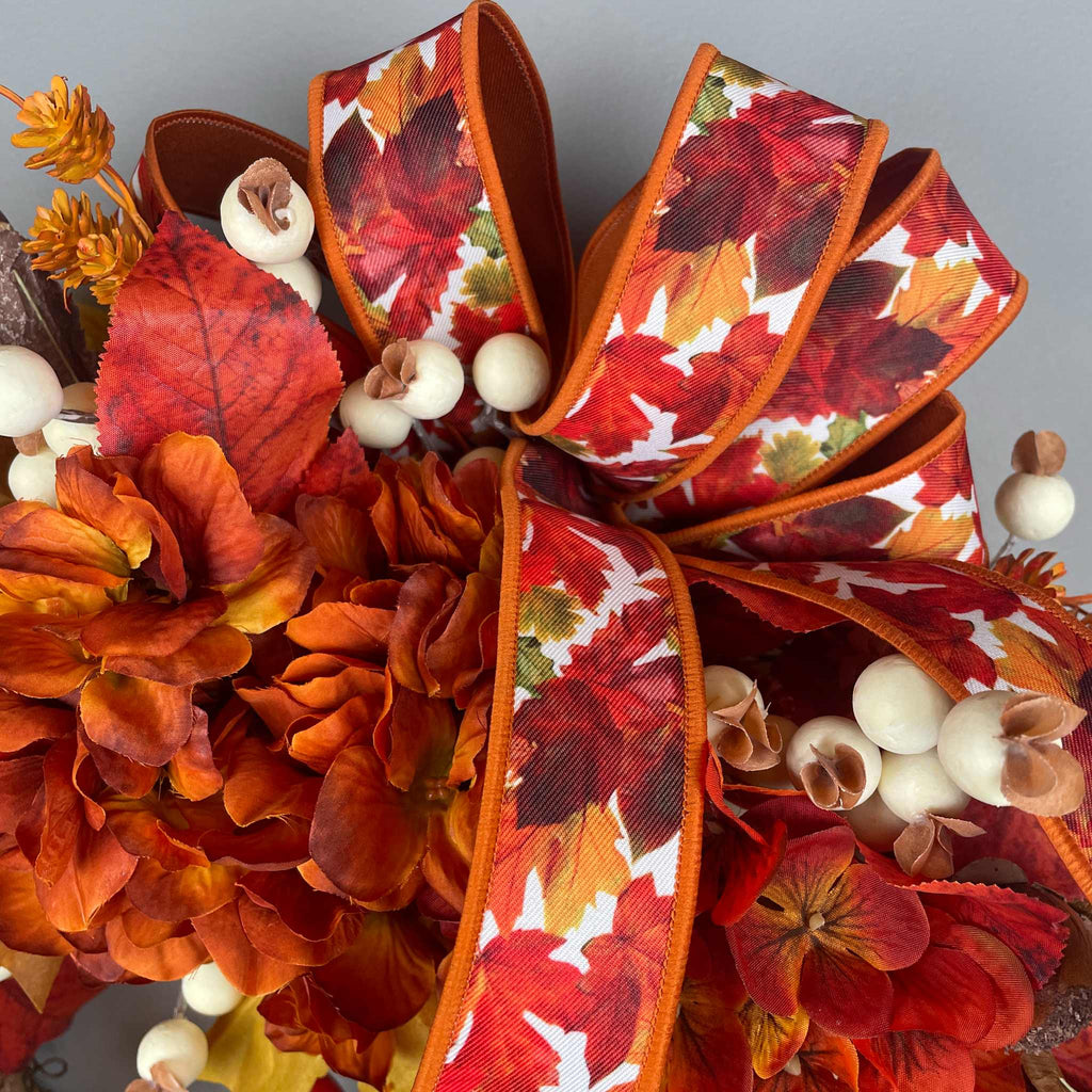 Fall Door Wreath with Mushroom Hat Bird | Orange Hydrangea & Leaves