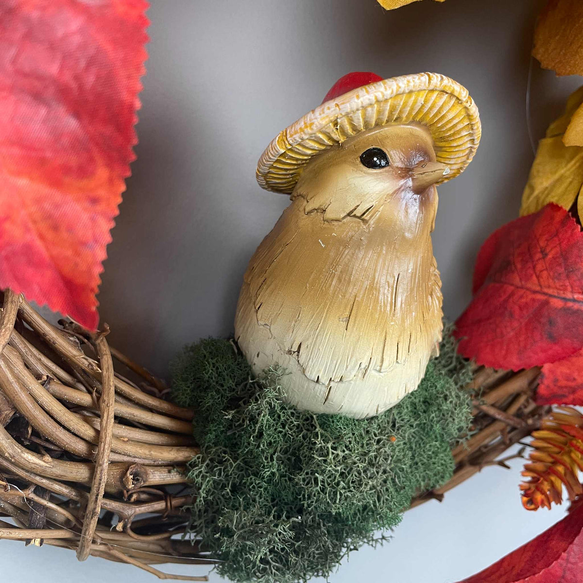 Fall Door Wreath with Mushroom Hat Bird | Orange Hydrangea & Leaves