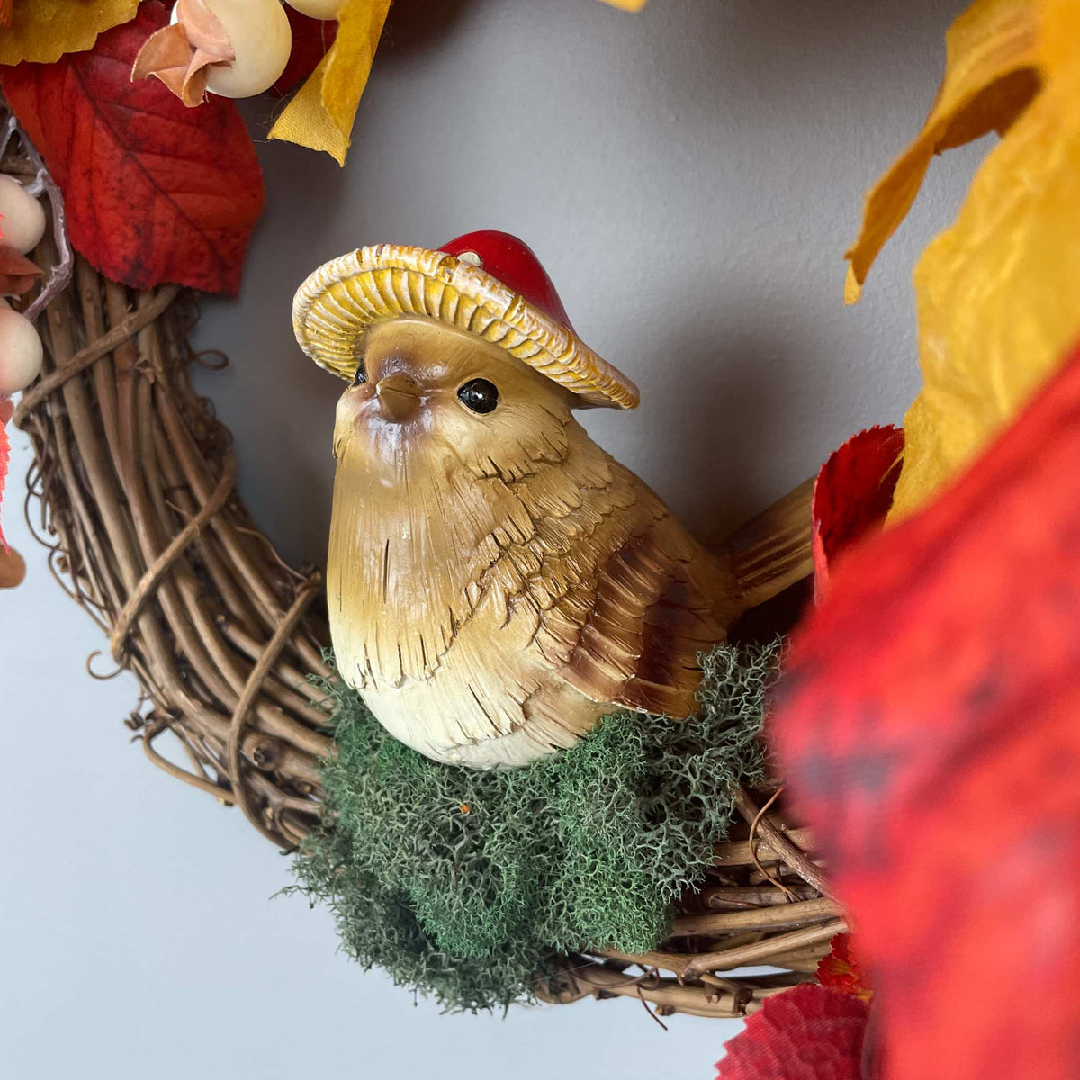 Fall Door Wreath with Mushroom Hat Bird | Orange Hydrangea & Leaves