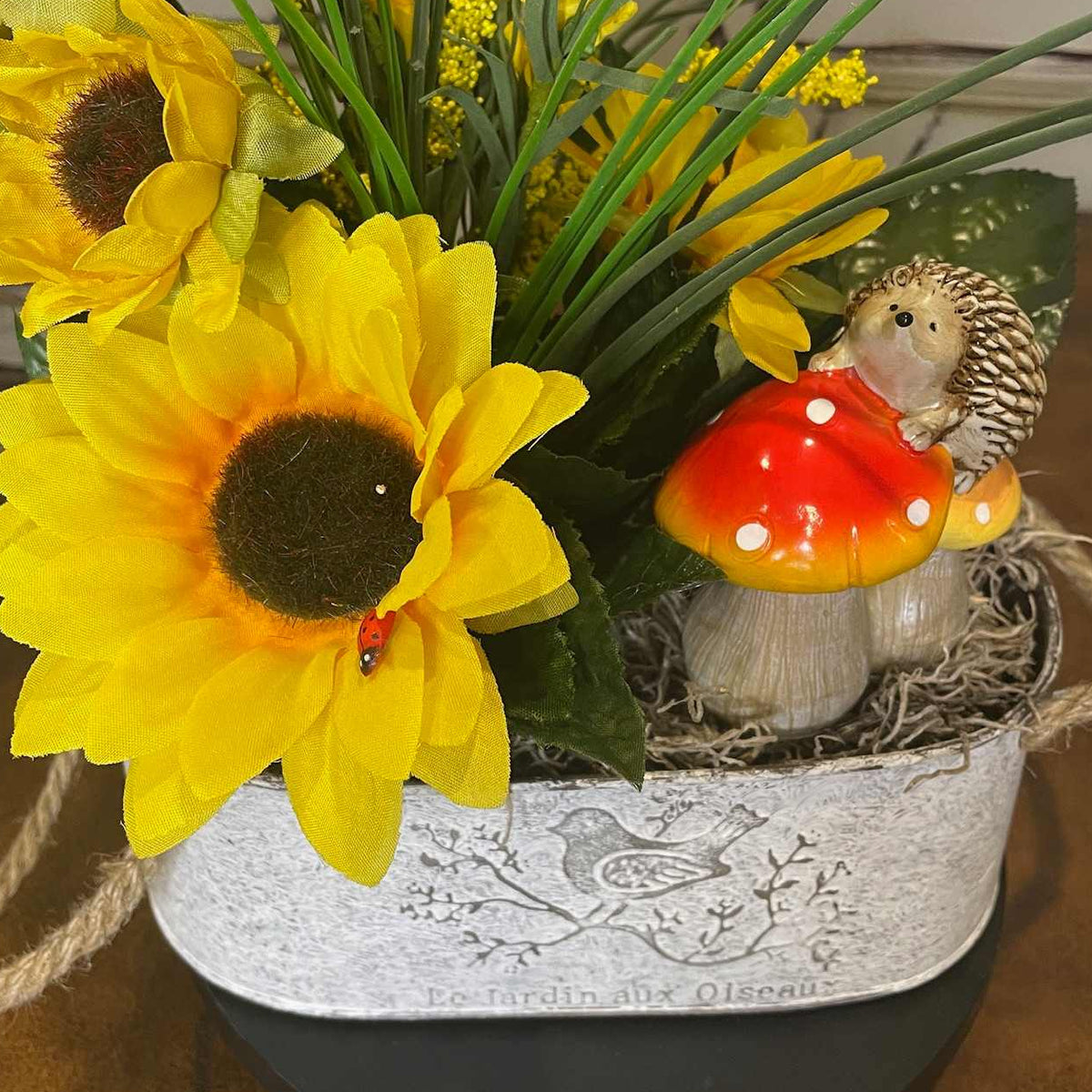 Yellow Sunflower Centerpiece in White Metal Planter with Hedgehog