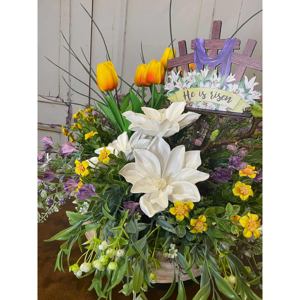 Spring Centerpiece with White Magnolias & Orange Tulips in Wood Bowl