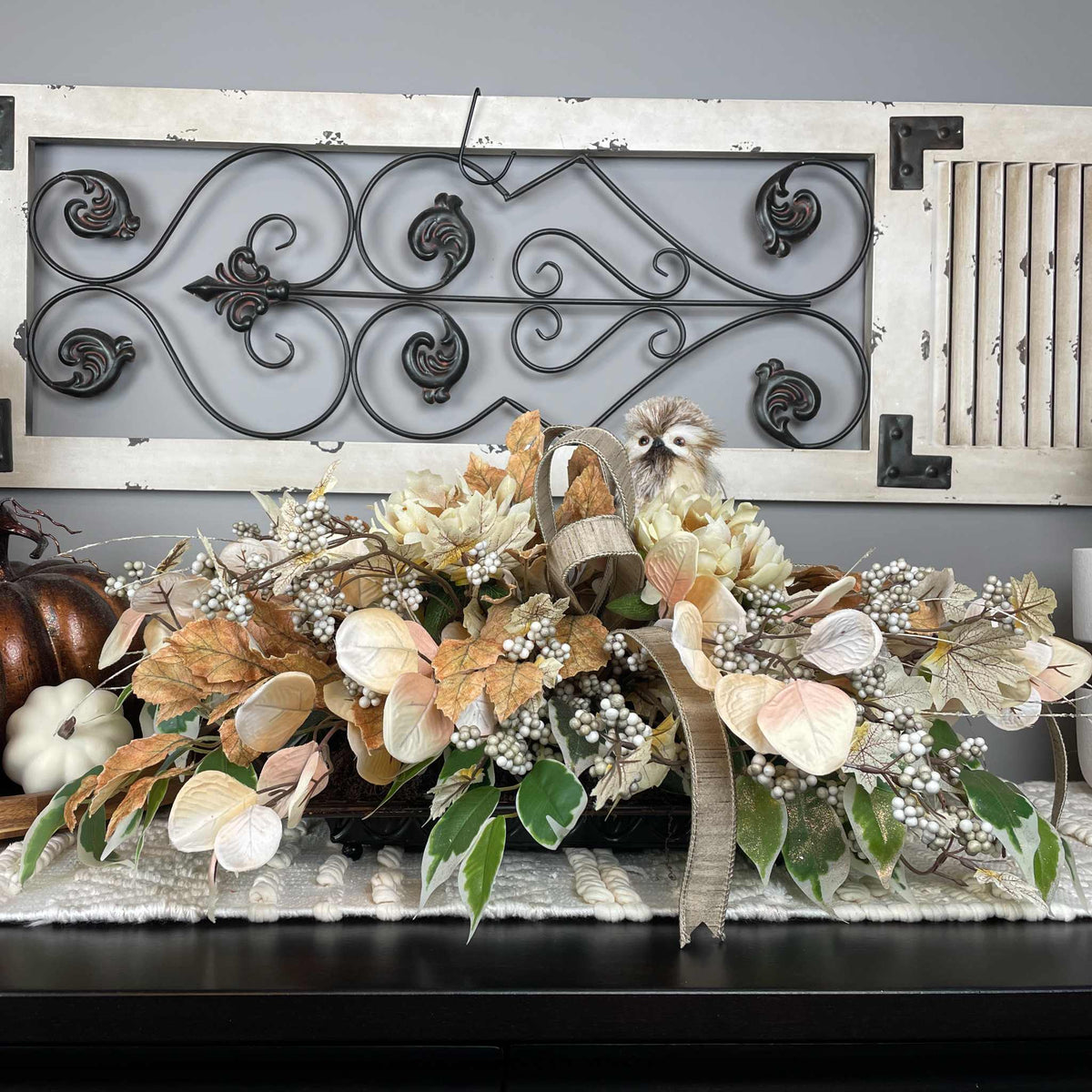 Fall Centerpiece with Owl in Bronze Tray – Cream & Beige Florals