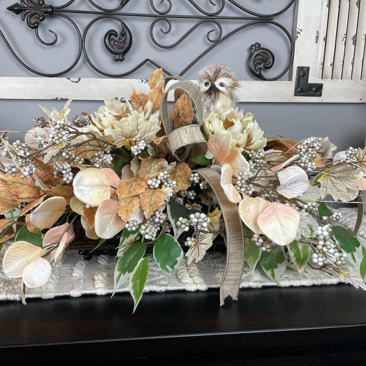 Fall Centerpiece with Owl in Bronze Tray – Cream & Beige Florals