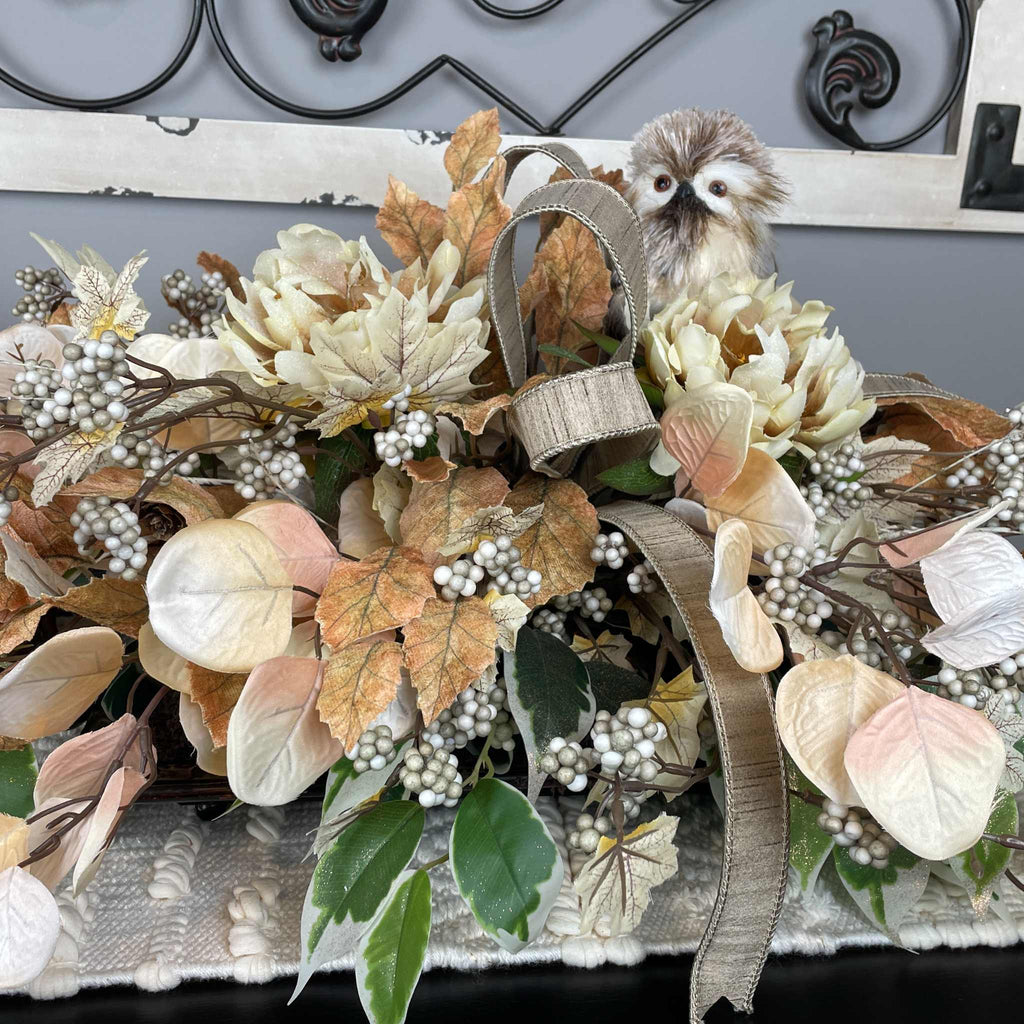 Fall Centerpiece with Owl in Bronze Tray – Cream & Beige Florals