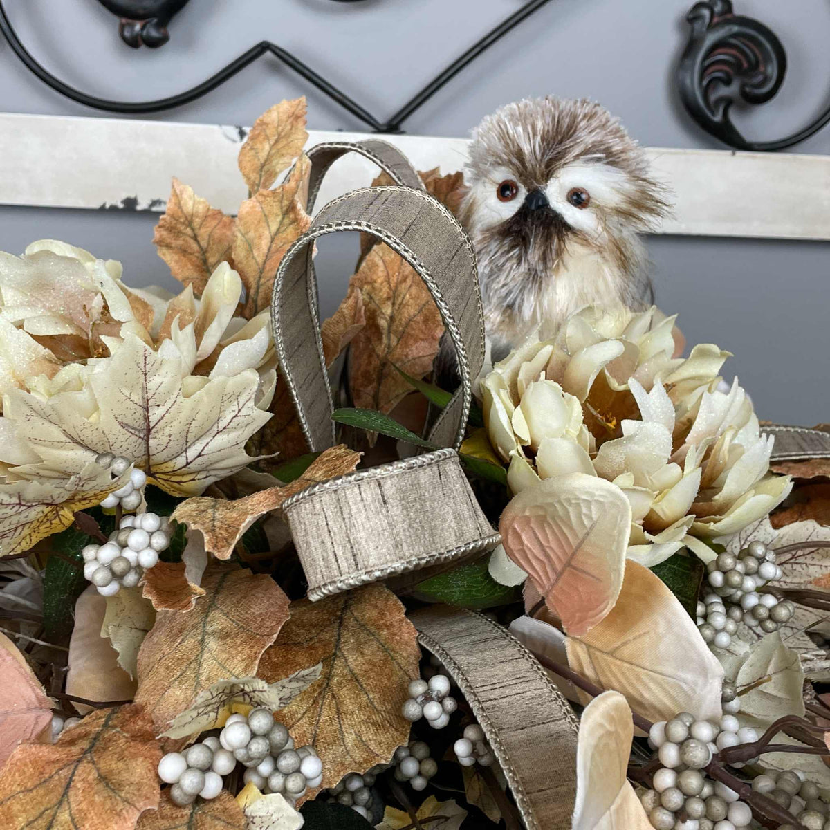 Fall Centerpiece with Owl in Bronze Tray – Cream & Beige Florals
