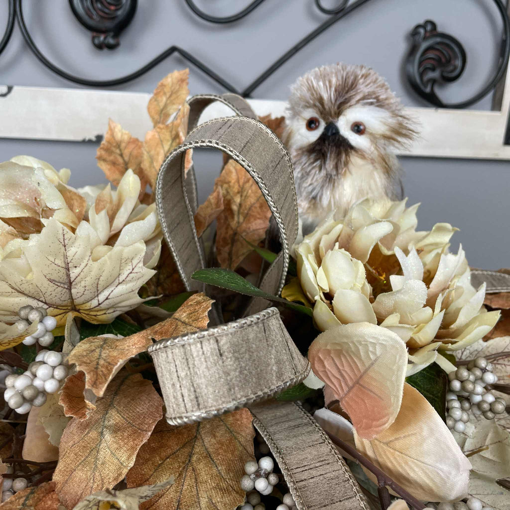 Fall Centerpiece with Owl in Bronze Tray – Cream & Beige Florals