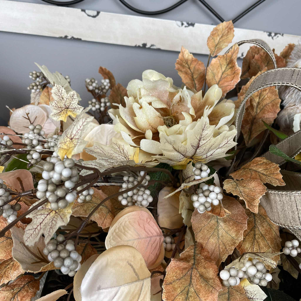 Fall Centerpiece with Owl in Bronze Tray – Cream & Beige Florals