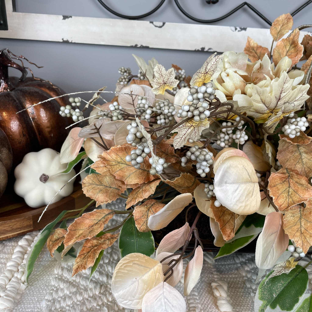 Fall Centerpiece with Owl in Bronze Tray – Cream & Beige Florals