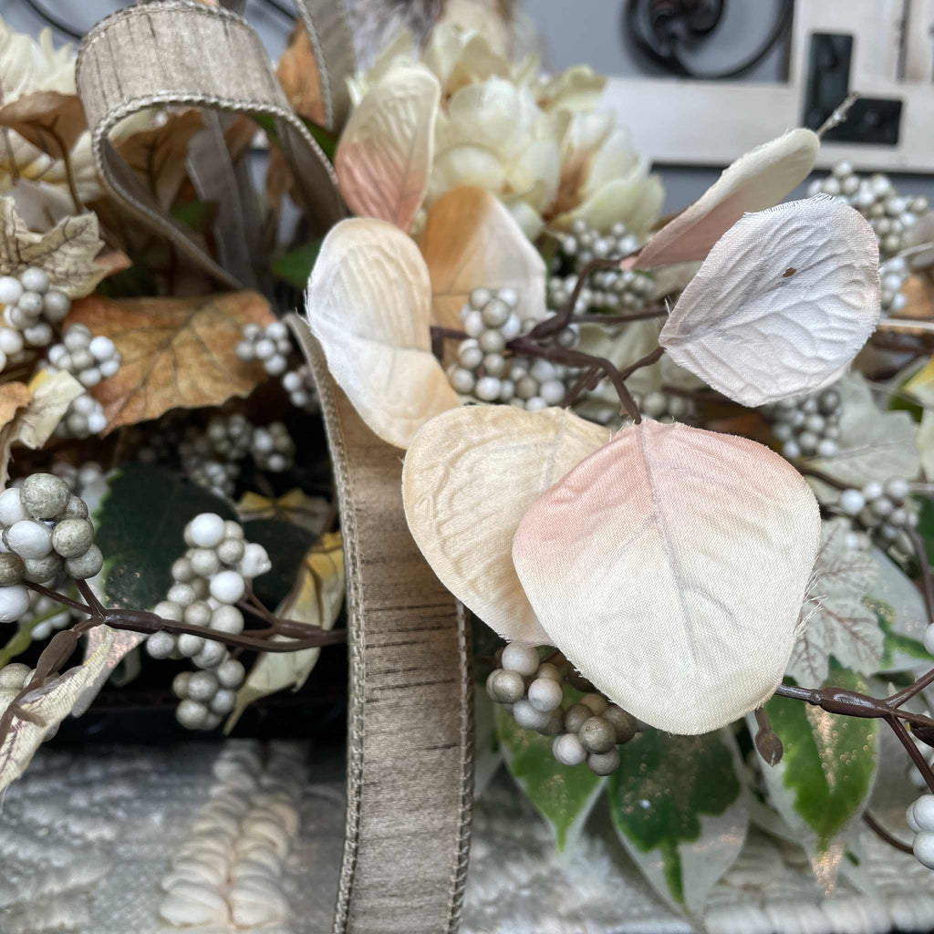 Fall Centerpiece with Owl in Bronze Tray – Cream & Beige Florals