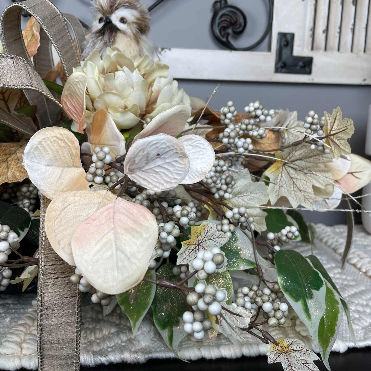 Fall Centerpiece with Owl in Bronze Tray – Cream & Beige Florals