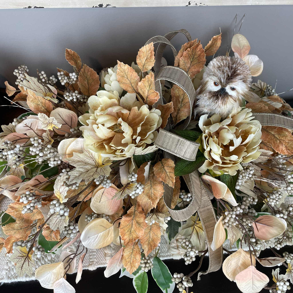 Fall Centerpiece with Owl in Bronze Tray – Cream & Beige Florals