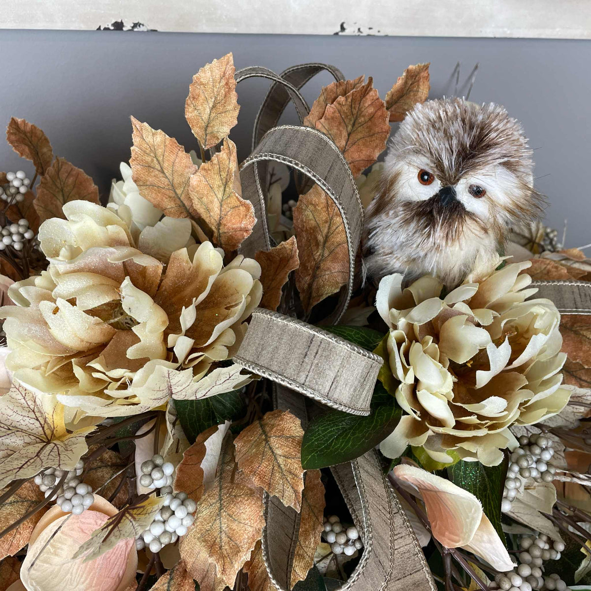 Fall Centerpiece with Owl in Bronze Tray – Cream & Beige Florals