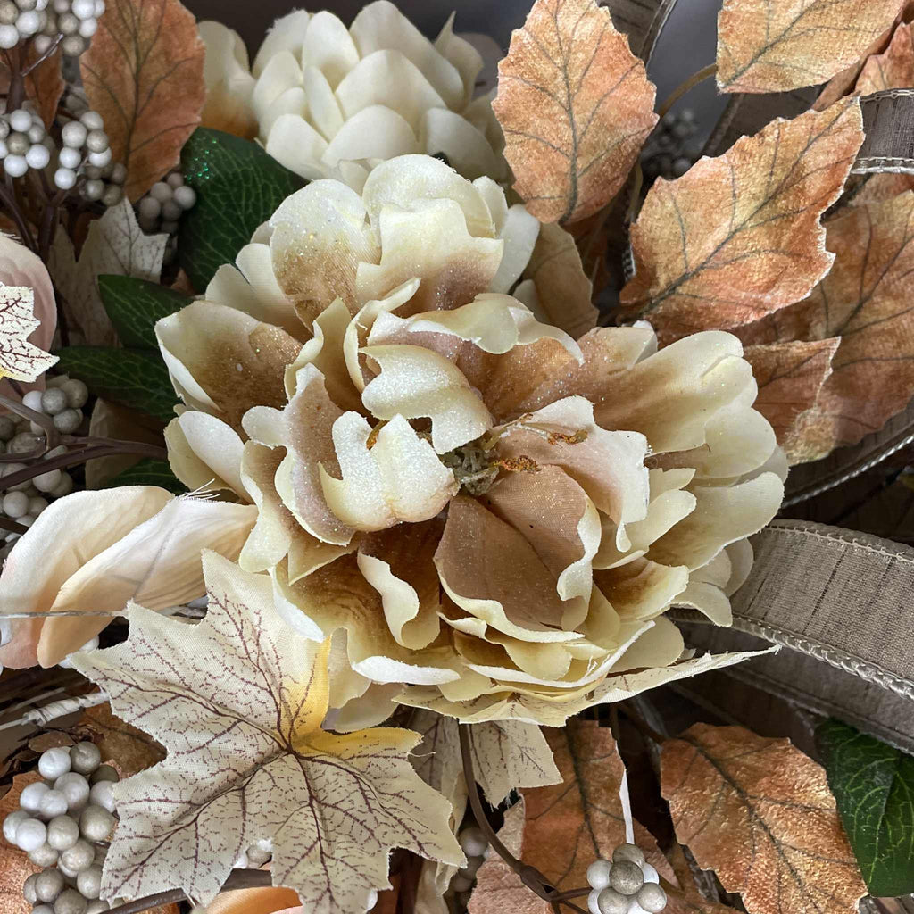 Fall Centerpiece with Owl in Bronze Tray – Cream & Beige Florals