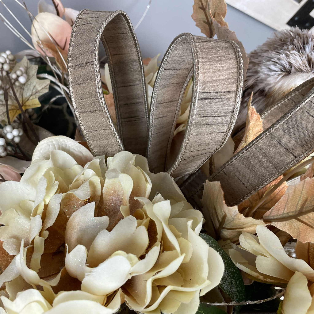 Fall Centerpiece with Owl in Bronze Tray – Cream & Beige Florals
