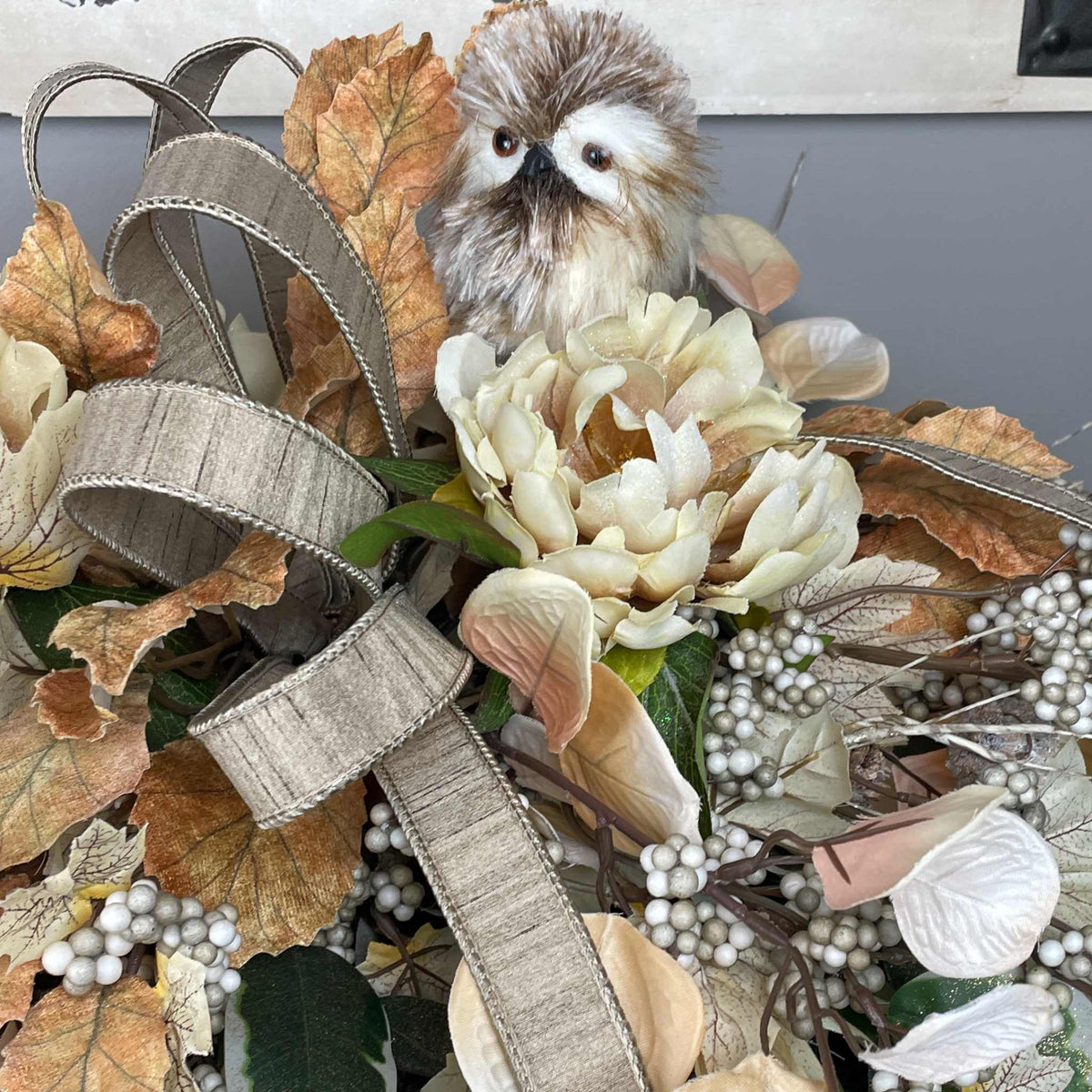 Fall Centerpiece with Owl in Bronze Tray – Cream & Beige Florals