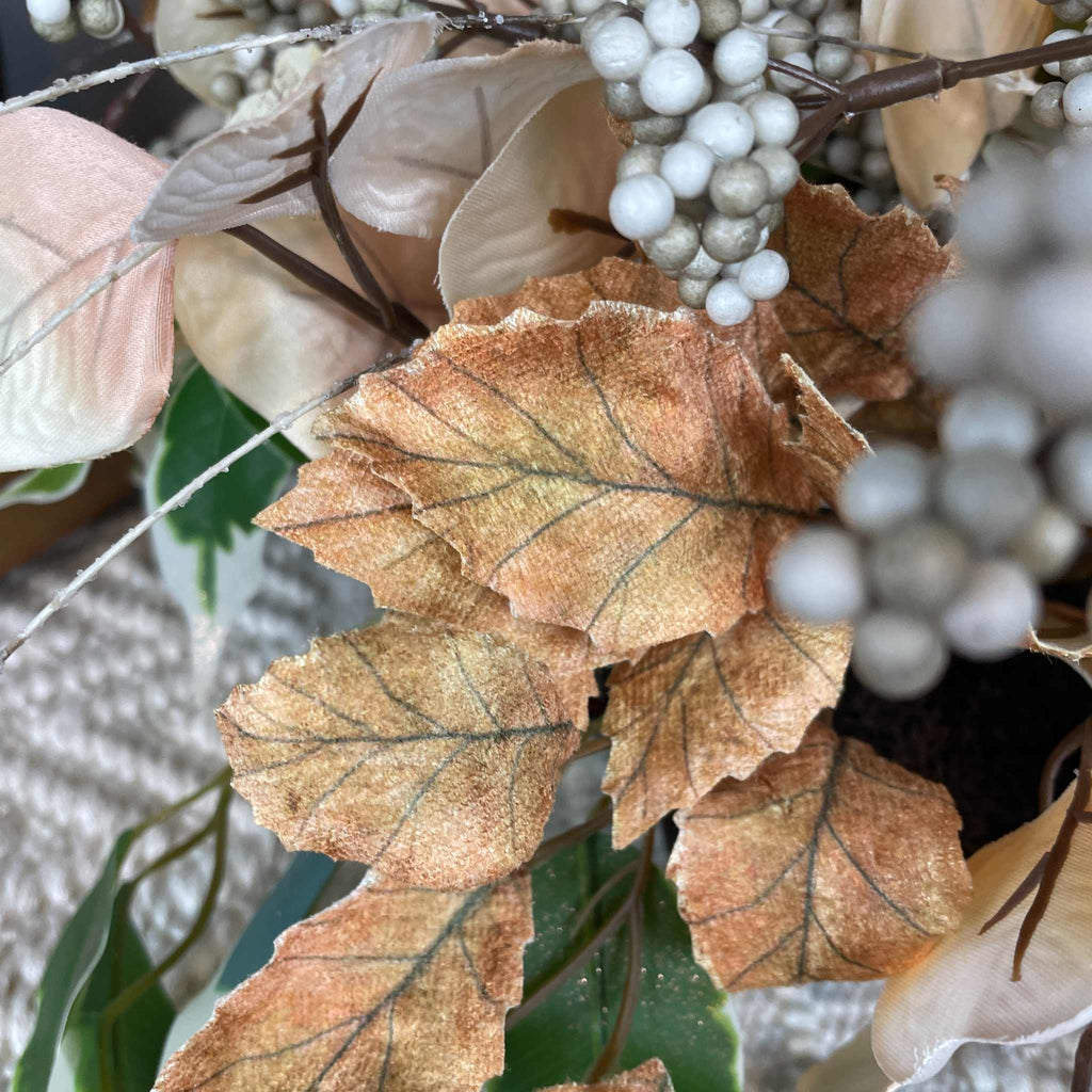 Fall Centerpiece with Owl in Bronze Tray – Cream & Beige Florals