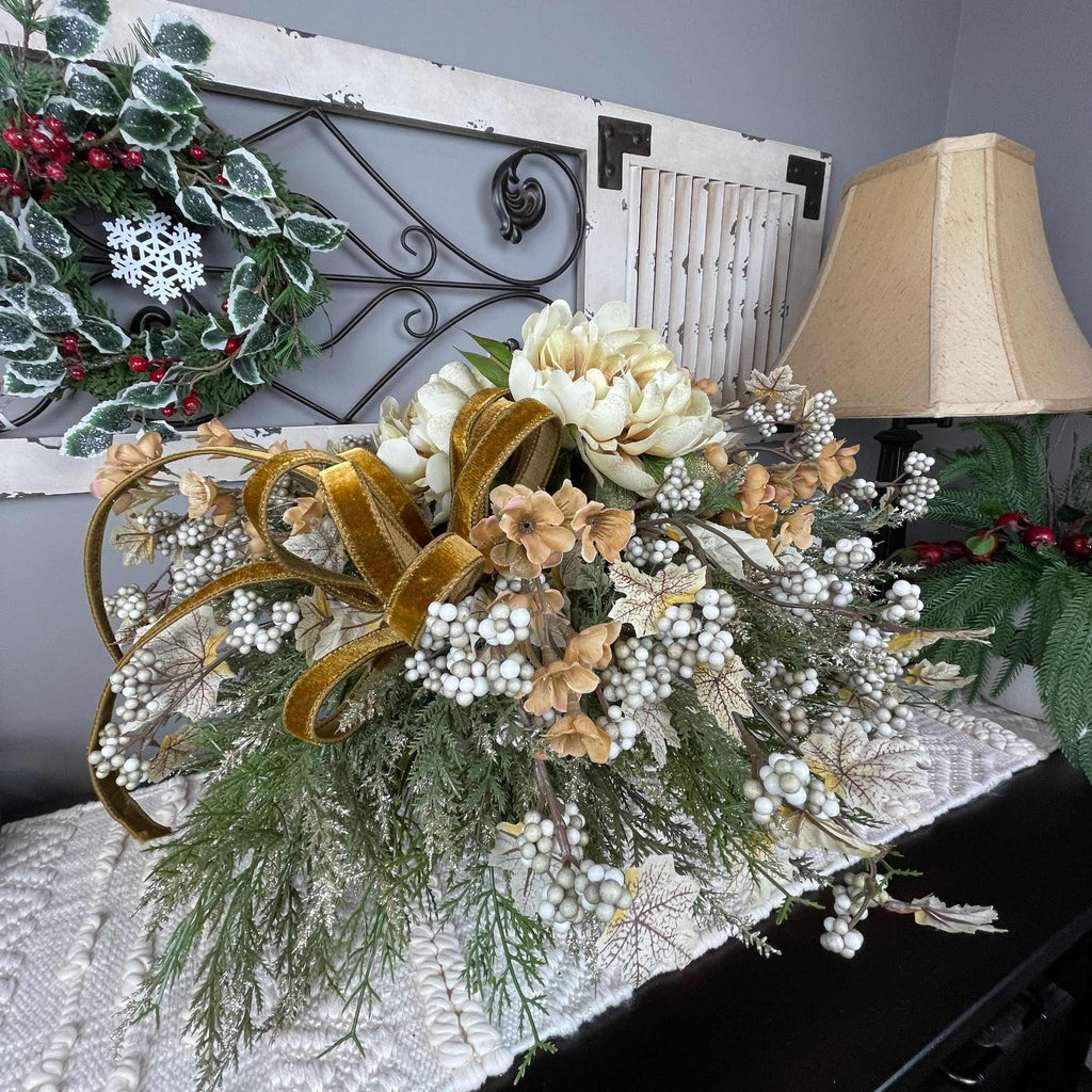 Fall Winter Centerpiece with Cream Mums & Gold Velvet Bow Pedestal