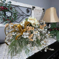 Fall Winter Centerpiece with Cream Mums & Gold Velvet Bow Pedestal