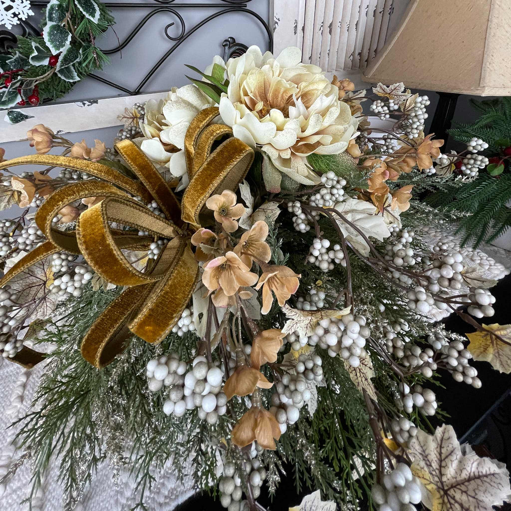 Fall Winter Centerpiece with Cream Mums & Gold Velvet Bow Pedestal
