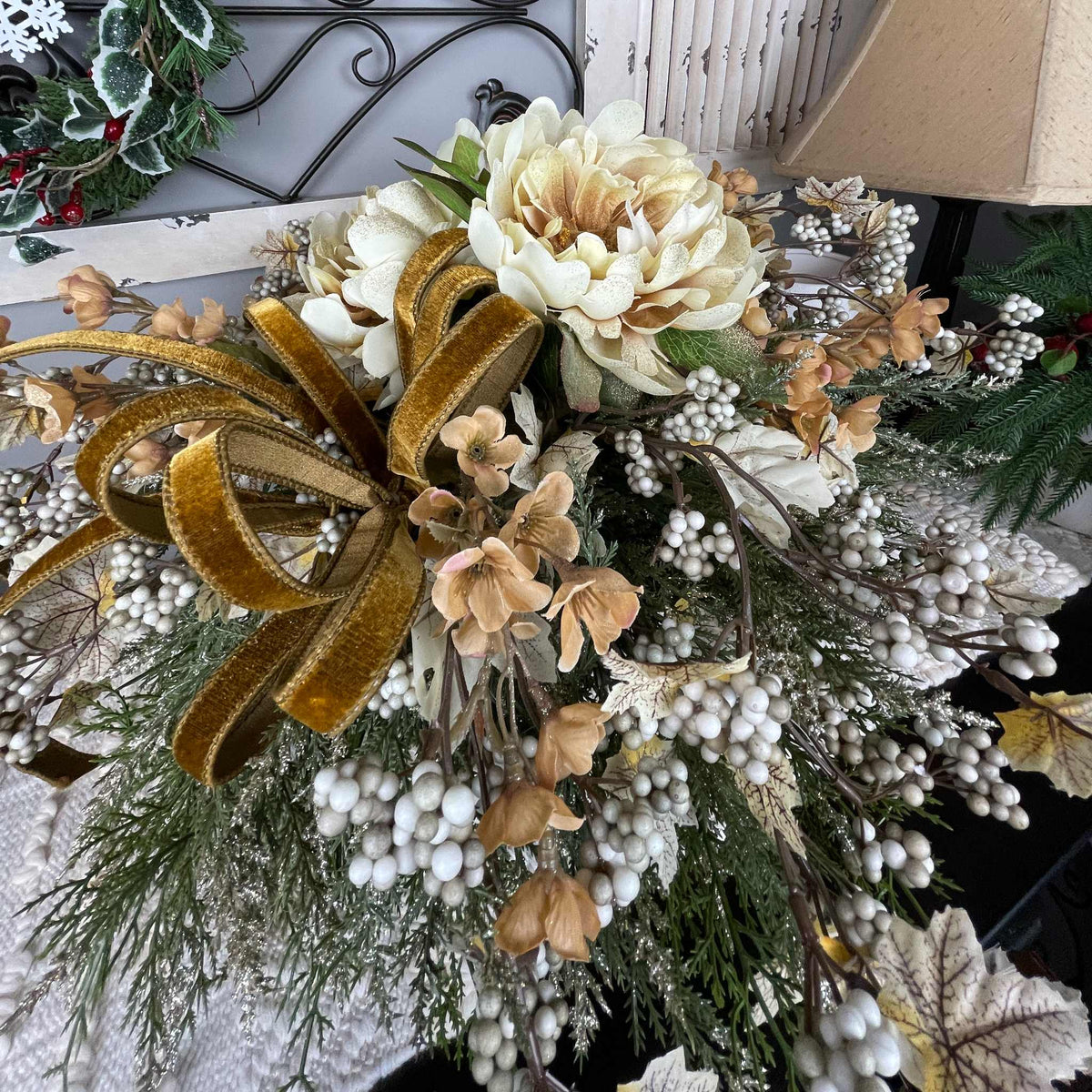 Fall Winter Centerpiece with Cream Mums & Gold Velvet Bow Pedestal