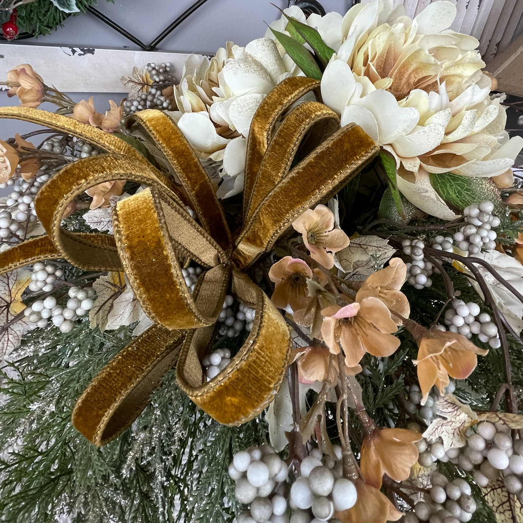 Fall Winter Centerpiece with Cream Mums & Gold Velvet Bow Pedestal