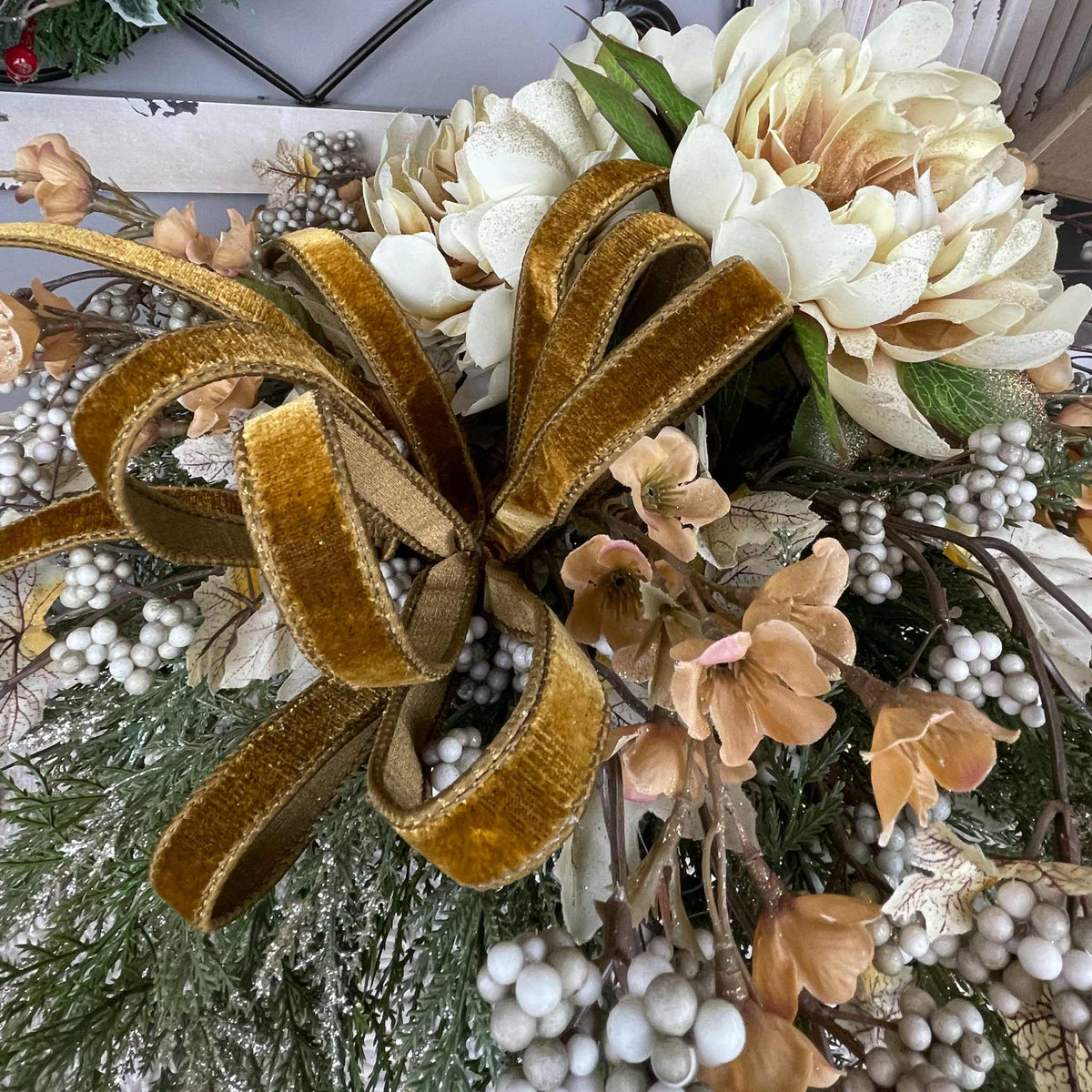 Fall Winter Centerpiece with Cream Mums & Gold Velvet Bow Pedestal