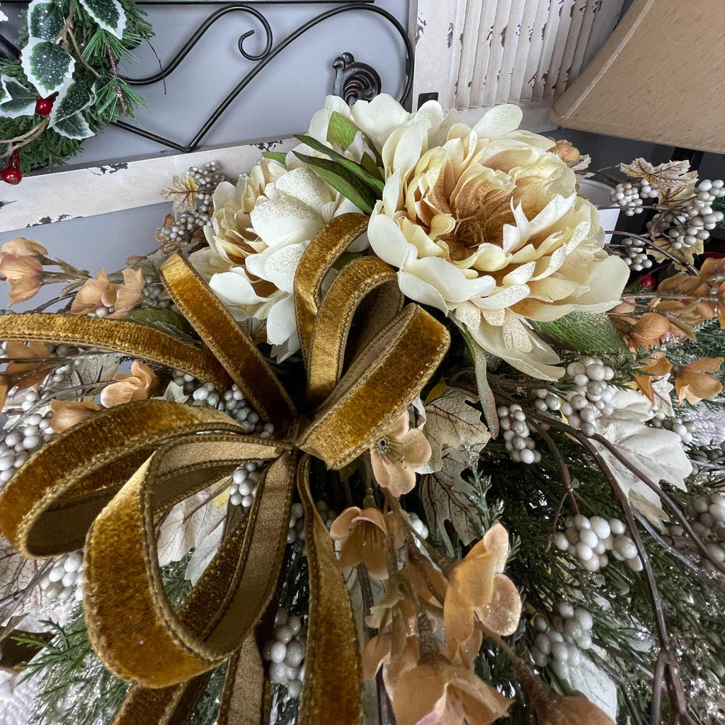 Fall Winter Centerpiece with Cream Mums & Gold Velvet Bow Pedestal