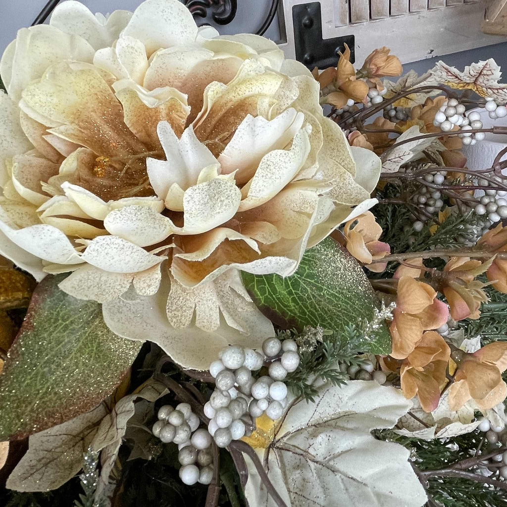 Fall Winter Centerpiece with Cream Mums & Gold Velvet Bow Pedestal