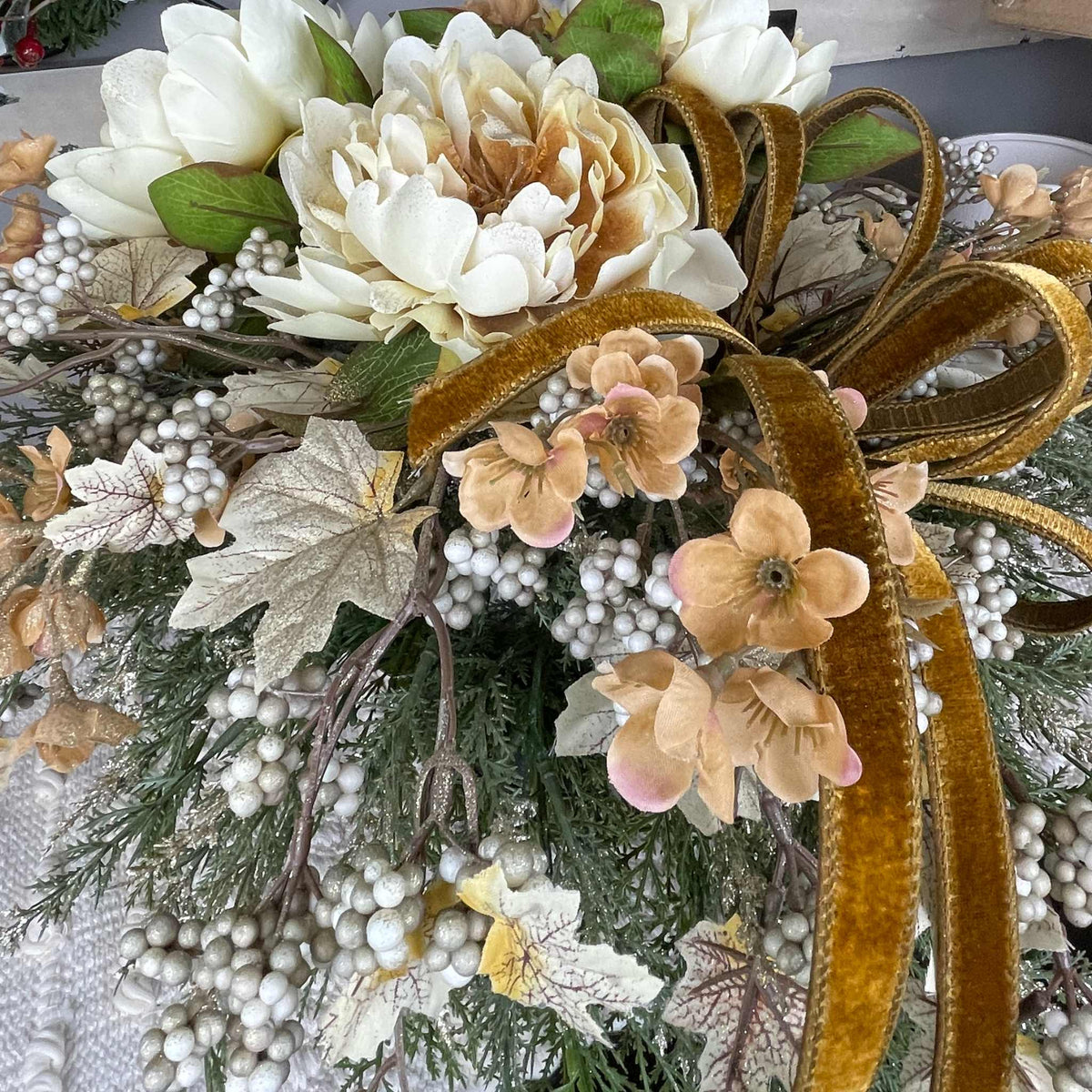 Fall Winter Centerpiece with Cream Mums & Gold Velvet Bow Pedestal